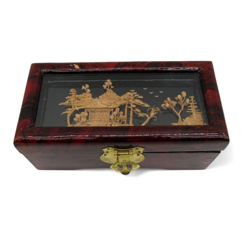 Vintage Oriental Lacquered Wooden JEWELRY BOX 3D Cork Pagoda with Birds